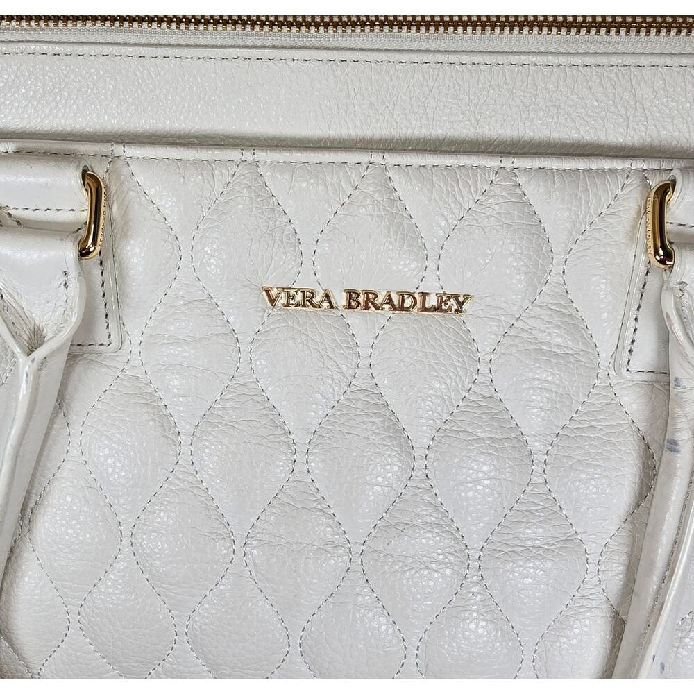 Vera Bradley Large White Quilted Leather Ella Bag Purse Handbag Hobo Tote - Picture 2 of 11